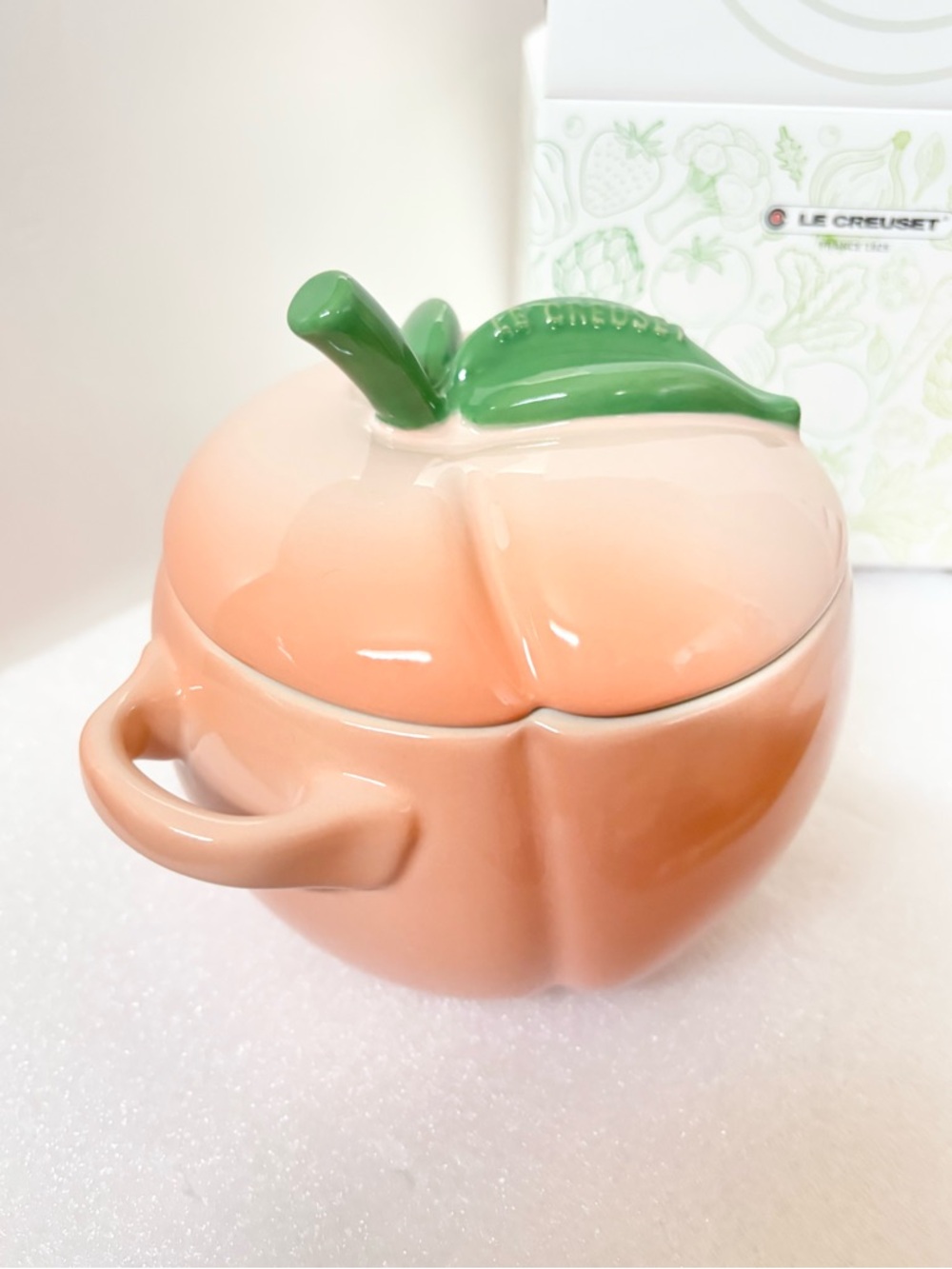 Le Creuset Peach Mini Cocotte with Glossy Green Leaf